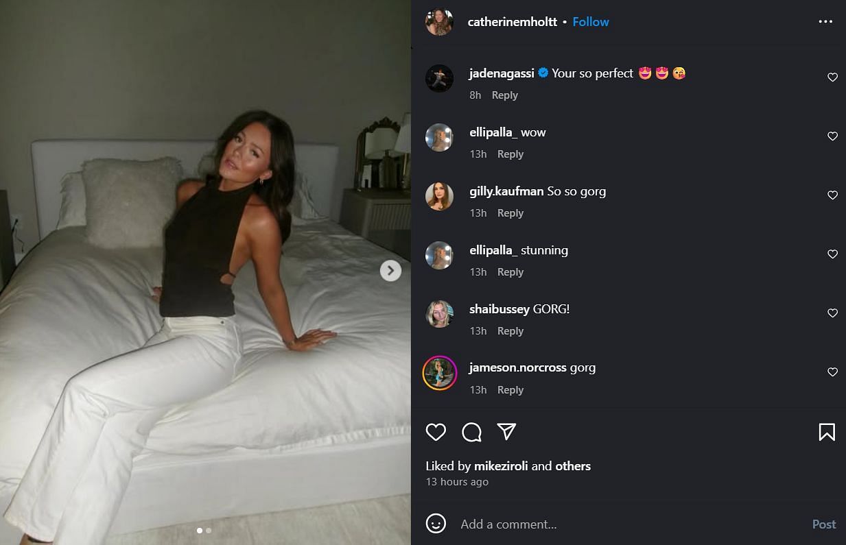 Screengrab of Jaden Agassi's comment (top) on Catherine Holt's IG post (@catherinemholtt)
